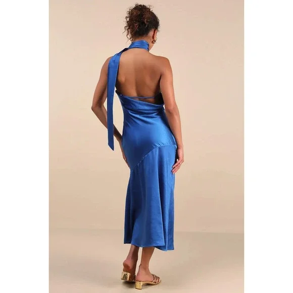 Lulus Reglan Blue Satin One-Shoulder Sash Midi Dress Size XS - Picture 2 of 4